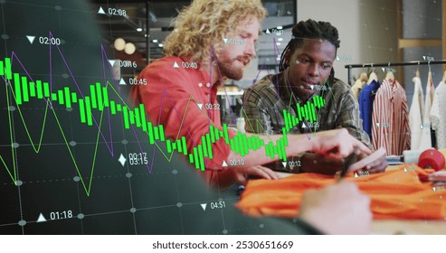 Image of graphs with changing numbers over diverse designers discussing about clothes design. Digital composite, multiple exposure, report, business, growth, planning and teamwork concept. - Powered by Shutterstock