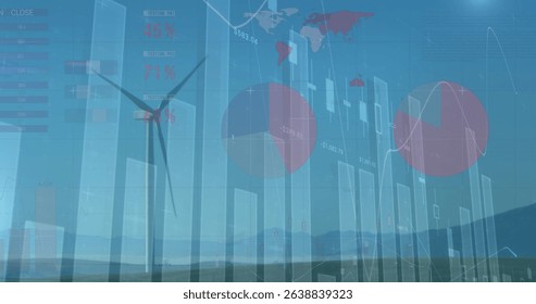 Image of graphs, charts against wind turbines on field. Digital composite, multiple exposure, technology, power generation, sustainable energy, development, finance, economy.
