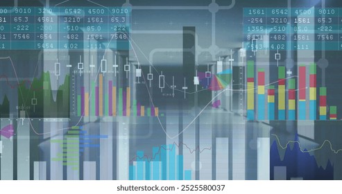 Image of graphs and charts processing data over server room. Network, data, processing, business, connection, digital interface and communication, digitally generated image. - Powered by Shutterstock