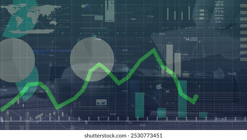Image of graphs and charts processing data on black background. Global communication, business, data and digital interface concept digitally generated image.