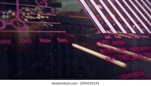 Image of graphs and charts processing data over traffic in city at night. Connection, data, processing, digital interface, business, network and global communication, digitally generated image.