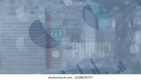 Image of graphs and charts processing data over modern cityscape. Global communication, business, data and digital interface concept digitally generated image.