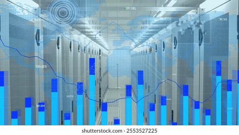 Image of graphs and circular scanners processing data over server room. Connection, data, processing, digital interface and global communication, digitally generated image.