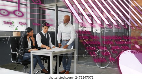 Image of graphs, computer language, globe, mathematical sums, diverse coworkers sharing ideas. Digital composite, multiple exposure, teamwork, business, globalization, report and education.