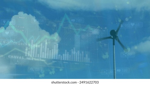 Image of graphs and computer language over low angle view of windmill against cloudy sky. Digital composite, multiple exposure, report, business, coding and renewable energy concept.