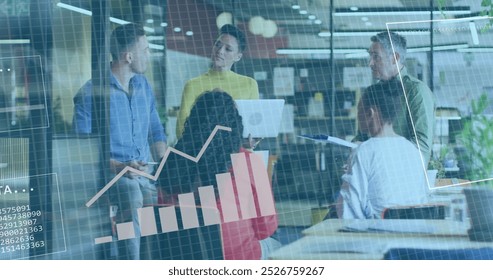 Image of graphs and computer language over diverse woman with laptop discussing with colleagues. Digital composite, data processing, business, report, teamwork, technology, meeting, office. - Powered by Shutterstock