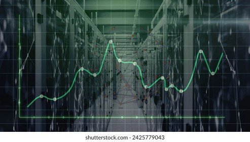 Image of graphs and connections over servers. Global network, connections, communication, data processing, finance and technology concept digitally generated image.