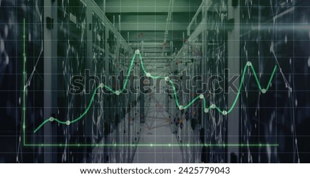 Image of graphs and connections over servers. Global network, connections, communication, data processing, finance and technology concept digitally generated image.