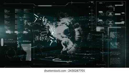 Image of graphs, data and globe on black digital screen. Global data processing, finance and digital interface concept digitally generated image.