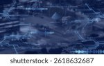 Image of graphs and data moving over navy background with clouds. data processing and digital interface concept digitally generated image. grey