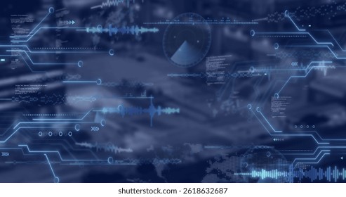 Image of graphs and data moving over navy background with clouds. data processing and digital interface concept digitally generated image. grey