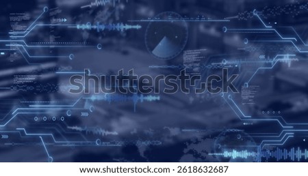 Image of graphs and data moving over navy background with clouds. data processing and digital interface concept digitally generated image. grey