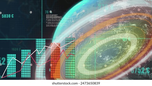 Image of graphs, data, numbers and globe on black background. Global finance, economy and technology concept digitally generated image. - Powered by Shutterstock - Get 15% off with code: PIKWIZARD15