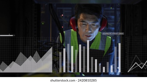 Image of graphs and data over asian man working in server room. network, programming, computers and technology concept digitally generated image.