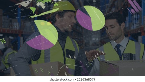 Image of graphs and data over caucasian male warehouse workers. business, finance, parcel services concept digitally generated image. - Powered by Shutterstock