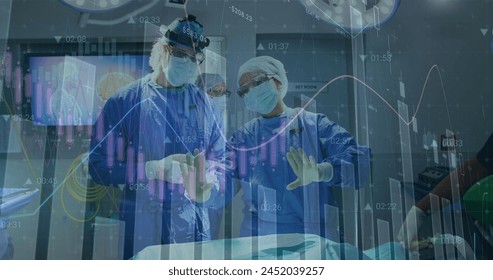 Image of graphs and data over diverse female and male workers using. Global medicine and data processing during covid pandemic concept digitally generated image.