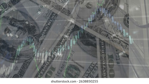 Image of graphs and data over dollars. Global finance and economy concept digitally generated image.