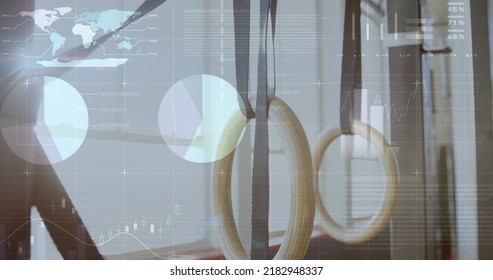Image of graphs and data over gym equipment. Sporty, active lifestyle, staying in shape concept digitally generated image.