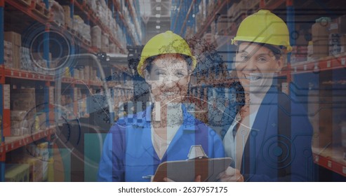 Image of graphs and data over happy caucasian female warehouse workers. Business, finance and delivery services concept digitally generated image.