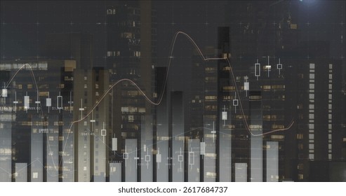 Image of graphs and data over night cityscape. global economy, finance, data processing and technology concept digitally generated image.