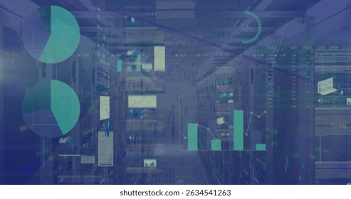 Image of graphs and data over servers. Network, connections, communication, data processing and technology concept digitally generated image.
