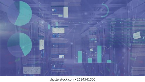 Image of graphs and data over servers. Network, connections, communication, data processing and technology concept digitally generated image.