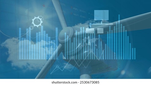 Image of graphs and data over wind turbine. Green energy, econ power and eco awareness concept digitally generated image.