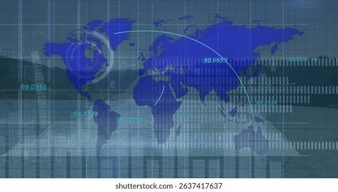 Image of graphs and data over world map. Global finance, economy and technology concept digitally generated image.