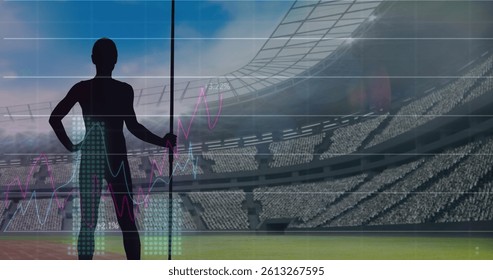 Image of graphs and data processing, with female athlete and javelin over sports stadium. sport, competition, global communication and digital interface concept, digitally generated image.