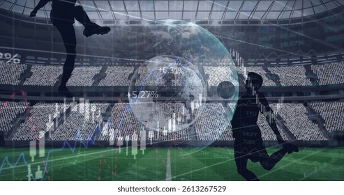 Image of graphs and data processing with globe and footballers, over sports stadium. sport, competition, global communication and digital interface concept, digitally generated image.