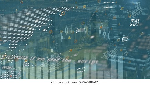 Image of graphs, data processing, icons and globe on blue background. Global network, data processing, finance, communication and technology concept digitally generated image. - Powered by Shutterstock - Get 15% off with code: PIKWIZARD15