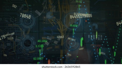 Image of graphs and data processing on interface with black background. Global communication, business, data and digital interface concept digitally generated image.