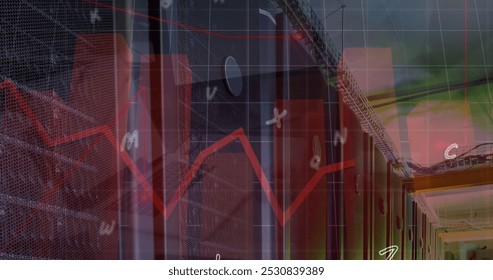 Image of graphs and data processing over computer server room. Global communication, business, data and digital interface concept digitally generated image.