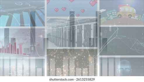 Image of graphs and data processing over colourful clips playing on composite screens. global communication, data technology and digital interface concept digitally generated image.