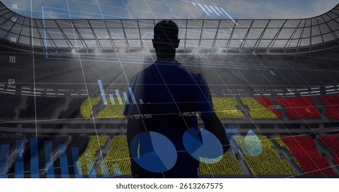 Image of graphs and data processing over rugby player holding ball at sports stadium. sport, competition, global communication and digital interface concept, digitally generated image.