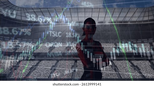 Image of graphs and data processing over female athlete at sports stadium. sport, competition, technology and digital interface concept, digitally generated image.