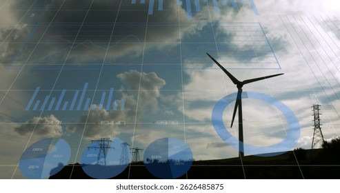 Image of graphs and data processing over wind turbine. environment, sustainability, ecology, renewable energy and technology concept digitally generated image.