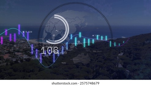 Image of graphs and data processing ring over globe and coast at night. Data, digital interface, connection, processing, travel and global communication, digitally generated image.
