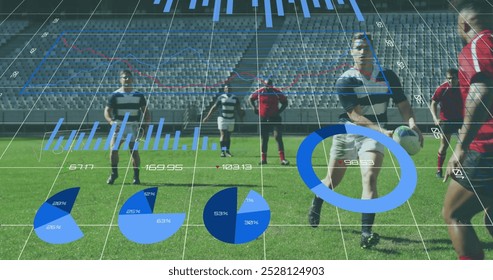 Image of graphs, data and statistics over two multi-ethnic rugby teams playing rugby, running and pushing digital composition - Powered by Shutterstock