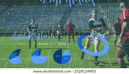 Image of graphs, data and statistics over two multi-ethnic rugby teams playing rugby, running and pushing digital composition