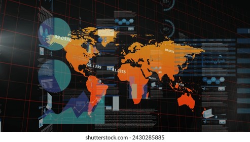 Image of graphs, data and world map on black digital screen. Global data processing, finance and digital interface concept digitally generated image.