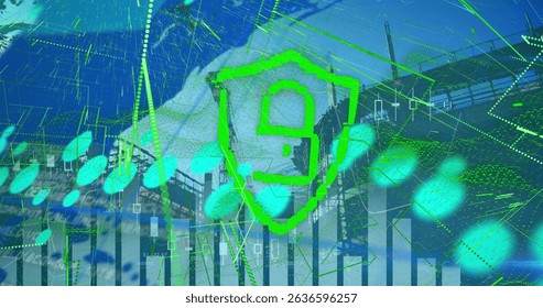 Image of graphs and digital padlock with green lines over construction site. Digital security, network, data processing and technology concept digitally generated v