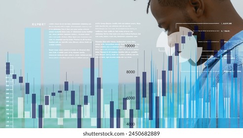 Image of graphs and diverse data over african american man using smartphone. global communication, connections, finance, technology and concept digitally generated image.
