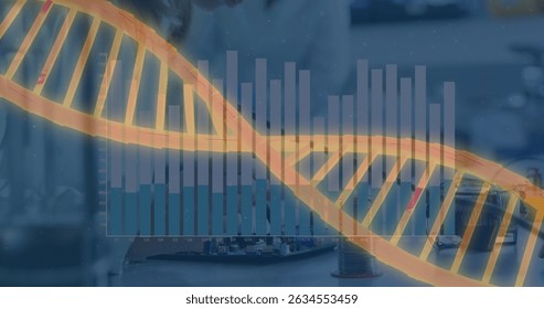 Image of graphs and dna over midsection of female lab worker. Science, laboratory, health and medicine concept digitally generated image.