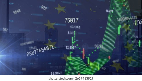 Image of graphs, eu flag and numbers over cityscape. Global network, data processing and technology concept digitally generated image.