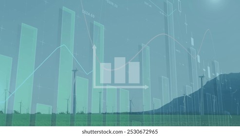 Image of graphs with financial data moving against wind turbines on field. Digital composite, multiple exposure, technology, power generation, sustainable energy, development, finance, economy. - Powered by Shutterstock