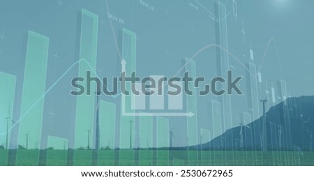Image of graphs with financial data moving against wind turbines on field. Digital composite, multiple exposure, technology, power generation, sustainable energy, development, finance, economy.