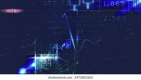 Image of graphs and financial data over world map and blue and black background. Global business connections data processing and technology concept digitally generated image.