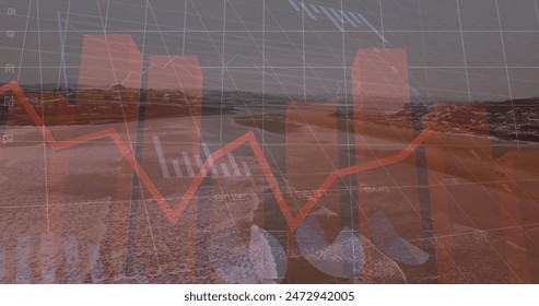 Image of graphs and financial data over landscape. Business, finance, economy and technology concept digitally generated image.