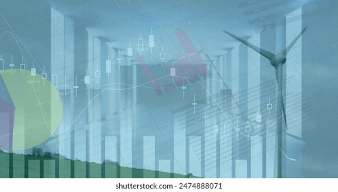 Image of graphs and financial data over wind turbine. finance, economy, renewable resources and energy concept digitally generated image. - Powered by Shutterstock